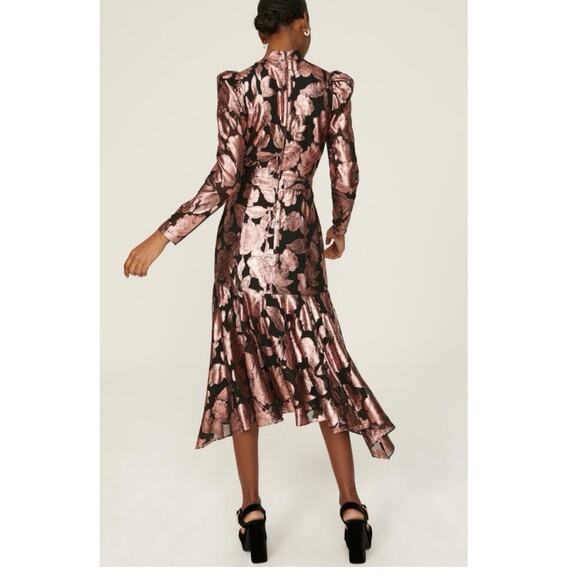 YUMI KIM Metallic Floral Princess Sleeve Flowy Hemline Long Dress Size XS - Picture 5 of 10